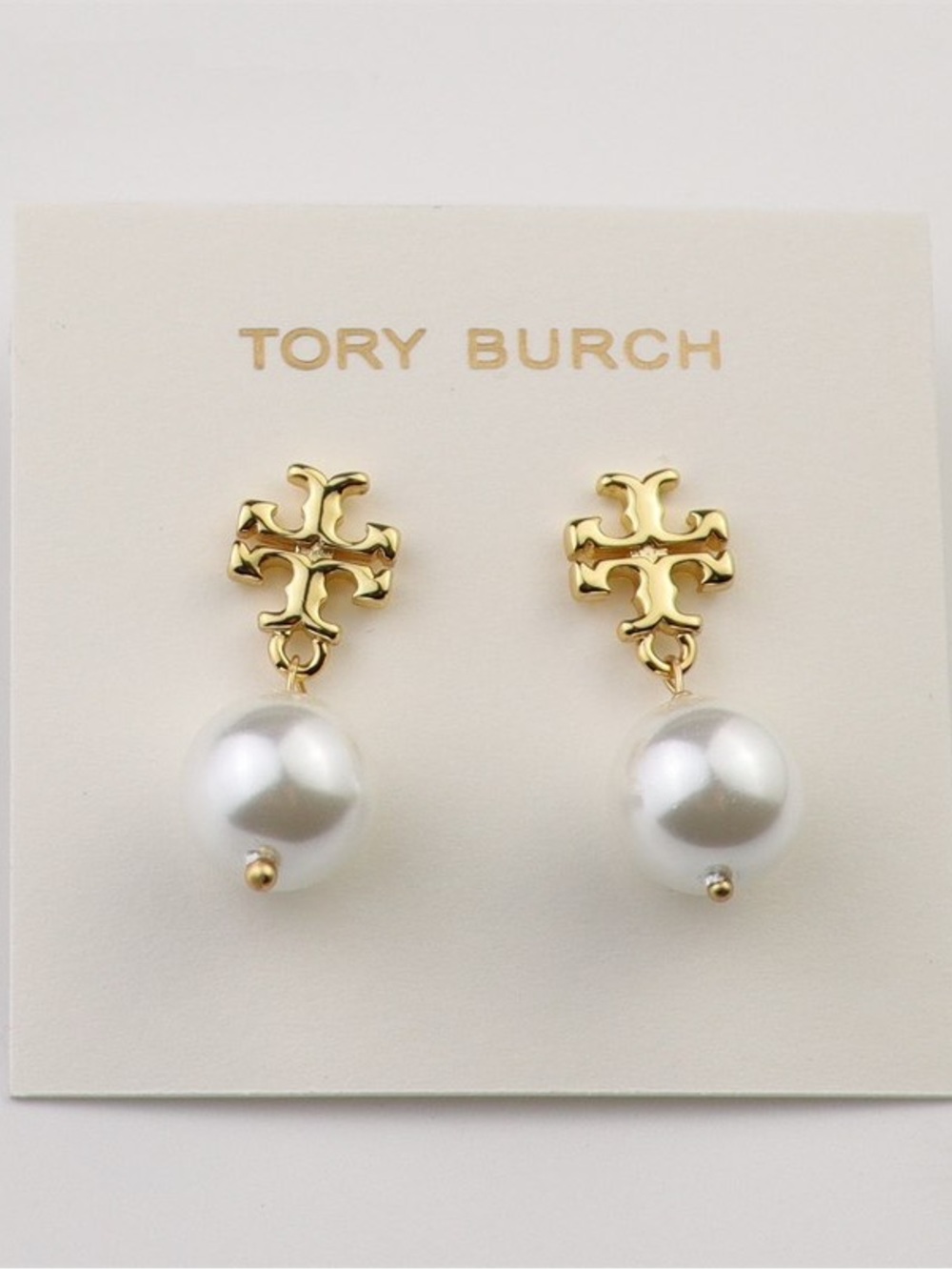 Tory Burch Gold Logo Drop Earrings with White Pearl
